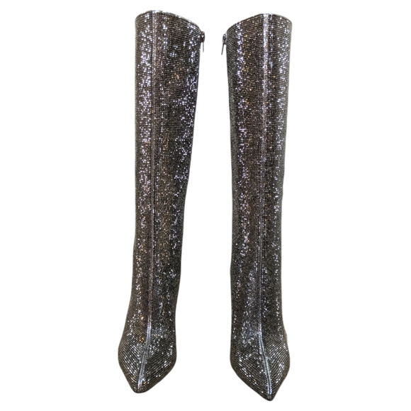 INC Paiton Block Heel Rhinestone Sparkle Knee High Pewter Crystal Boots - Picture 4 of 11